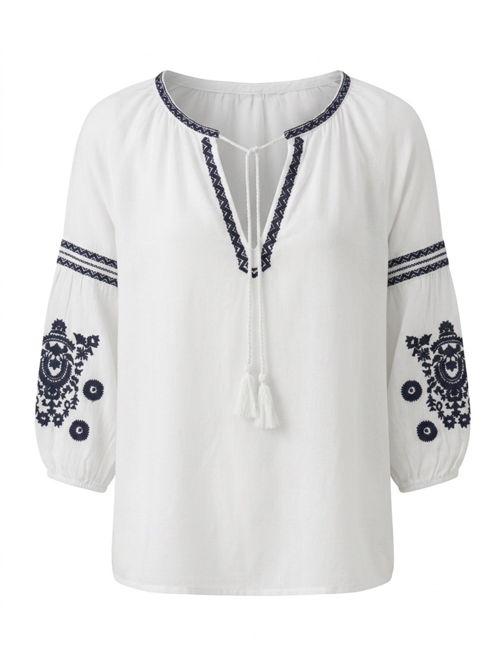 Boho White Peasant Blouse with Navy Embroidery